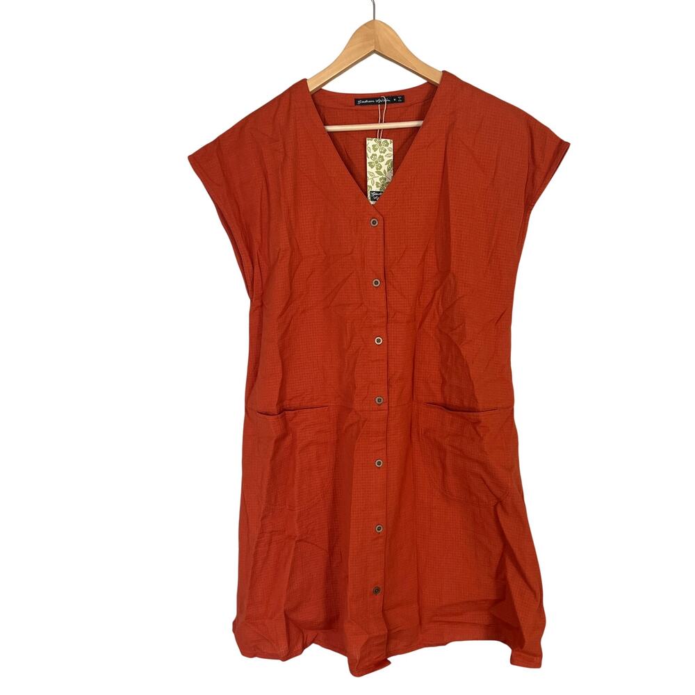 Gudrun Sjoden Dress Women M Rust Orange Organic Cotton Pockets Lagenlook Button